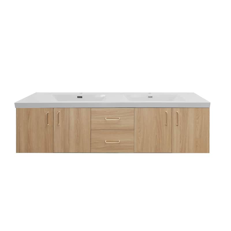 Prismella 60" 72" 84" Wall-Mount Double Sink Bathroom Vanity in Oak with Top