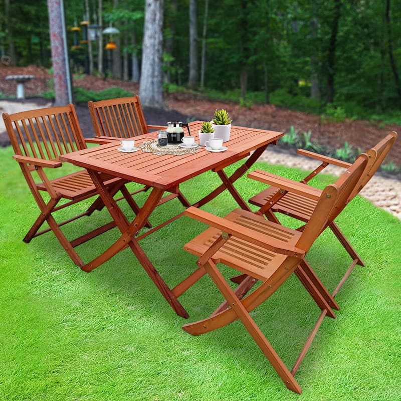 Foldable Outdoor Patio Dining Set/4 Chairs/1 Table,Teak Finish