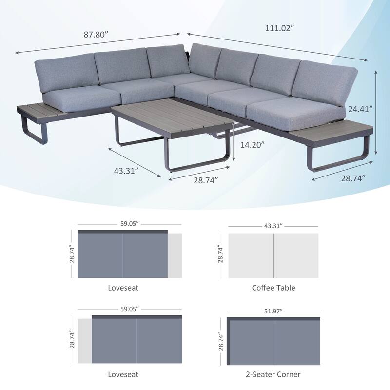 6 Person Outdoor L-Shape Metal Sectional Sofa Set with Cusions and Coffee Table