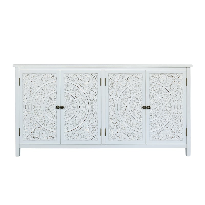 60"White Accent Cabinet With 4 Doors,Rustic Wood Sideboard Pantry Cabinet-Versatile Buffet Cabinet With Storage