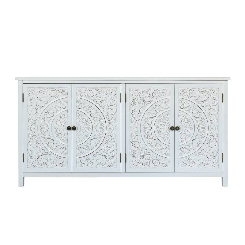 Buffet Cabinet Accent Cabinet with 4 Carved Doors, Wood Sideboard Storage Cabinet with Adjustable Shelves