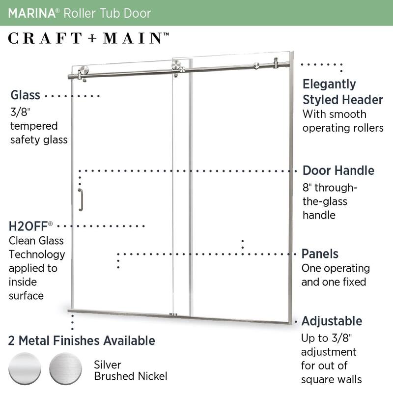 CRAFT + MAIN MRRL6062-CL 62" High x 60" Wide Sliding Shower Door with