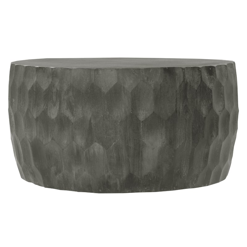 33 Inch Wooden Round Drum Coffee Table with Geometric Carved Pattern, Gray