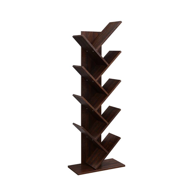 Walnut 8-Shelf Wooden Tree Bookshelf Display Holder Organizer Perfect for Books or Video Games - 19.7"L x 9.8"W x 55.7"H