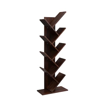 Walnut 8-Shelf Wooden Tree Bookshelf Display Holder Organizer Perfect for Books or Video Games - 19.7"L x 9.8"W x 55.7"H