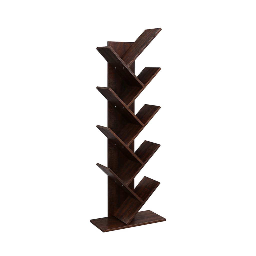 Walnut 8-Shelf Wooden Tree Bookshelf Display Holder Organizer Perfect for Books or Video Games - 19.7"L x 9.8"W x 55.7"H