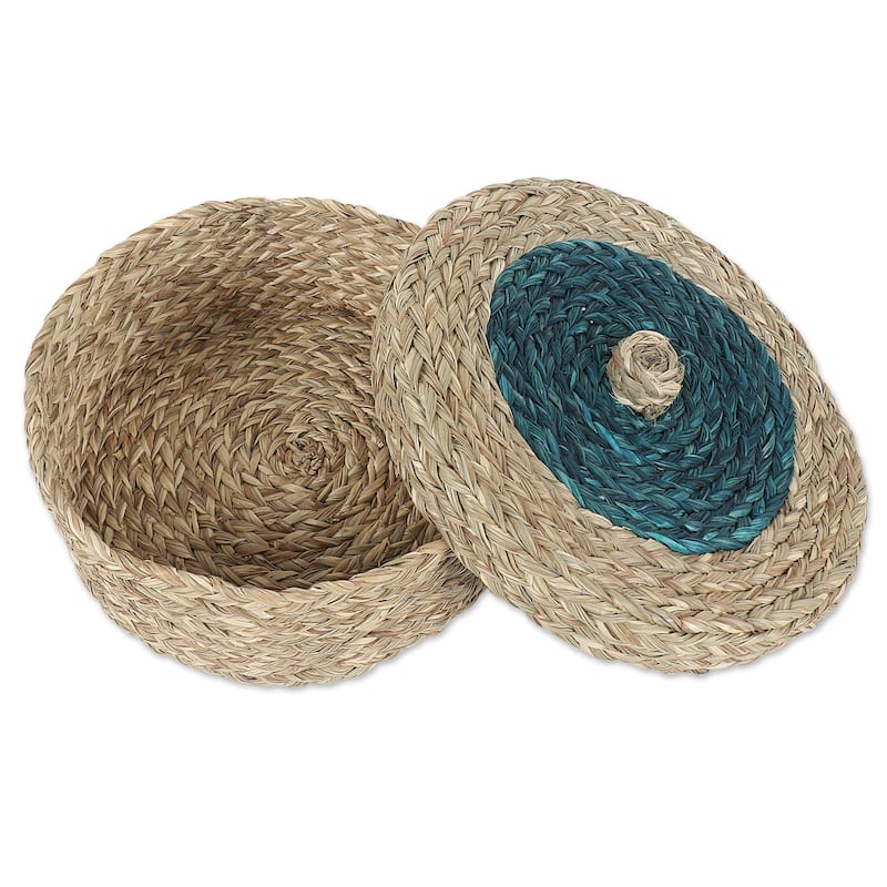 Novica Handmade Turquoise Allure Natural Fiber Basket