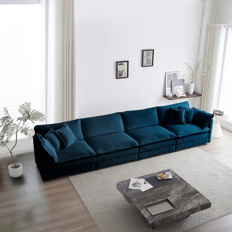 Modern Modular Four Seater Sofa with Chenille Upholstery and Configurable Cushions for Living Room and Guest Room - Blue