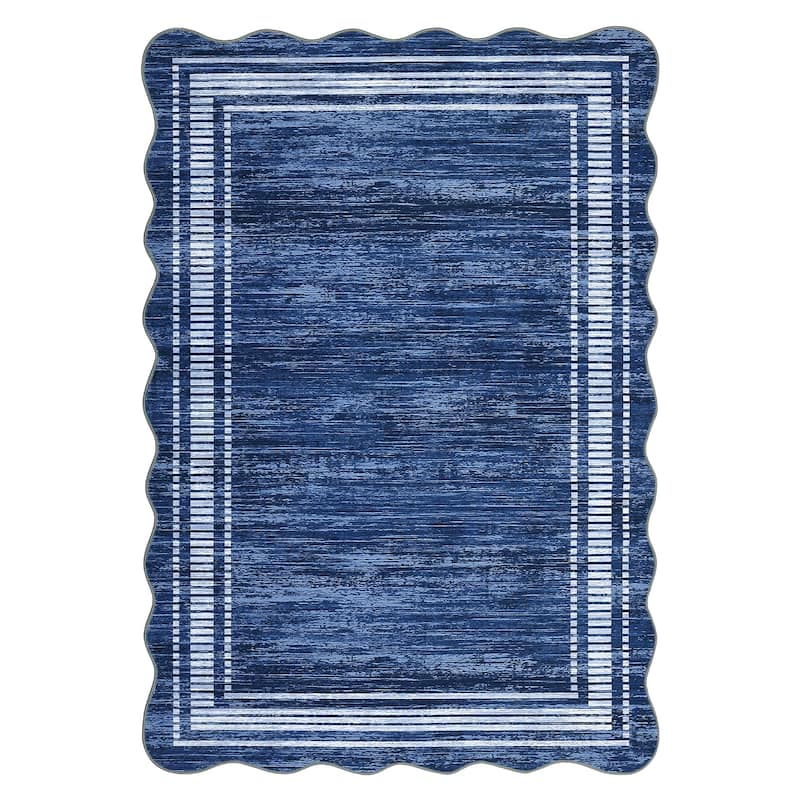 Washable Scalloped Area Rugs, Modern Bordered Living Room Rugs for Bedroom