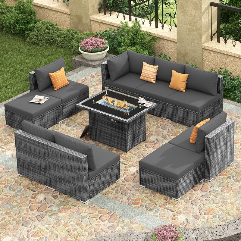 FINCATI 10-Piece Outdoor Wicker Sectional Furniture Set with Fire Pit Table for Backyard Patio - 10 PCS