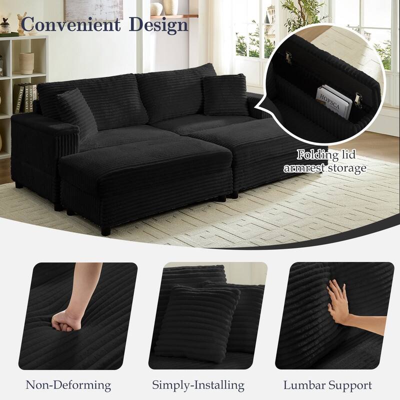 Mixoy 85‘’Corduroy Loveseat Chaise Lounge with Storage Ottoman&Armrests,Upholstered 2-Seater Sleeper Reclining Chair Indoor