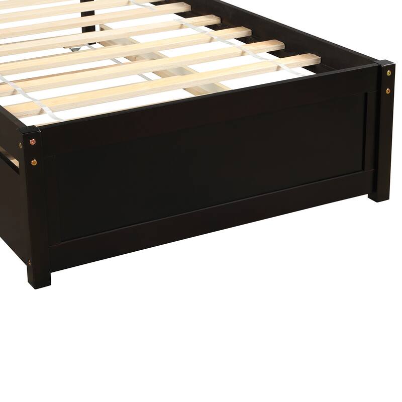 Modern Twin Size Platform Bed with Pull-out Trundle, Wood Bed Frame with Fence-shaped Headboard and Supporting Slats