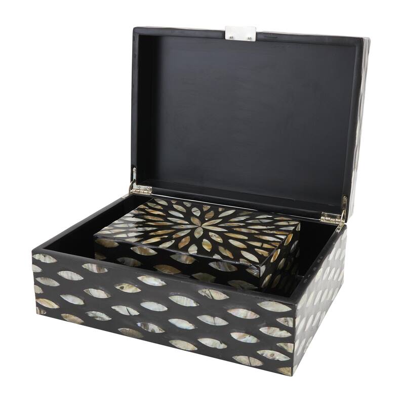 Mother of Pearl Shell Floral Box with Beige Accents - Set of 2 Black - Roche River Decor