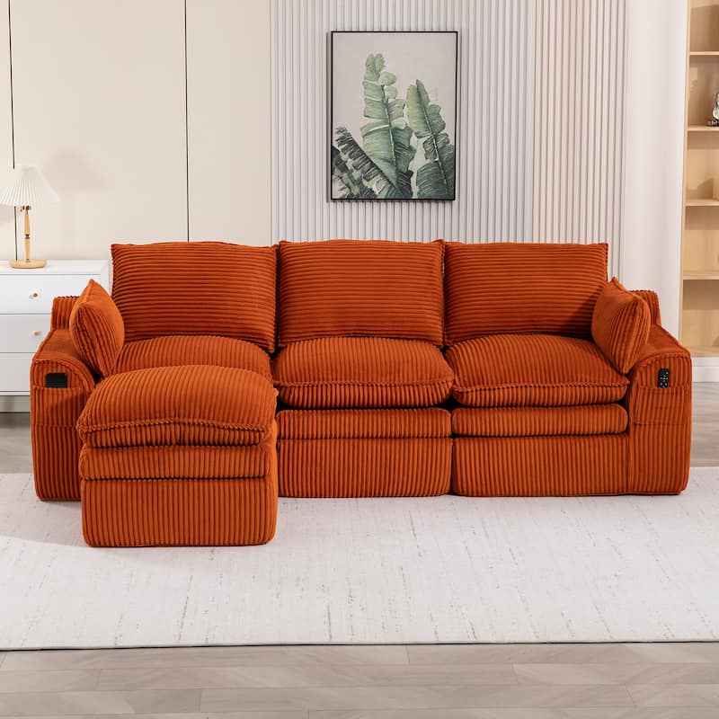 L Shaped Sectional Sofa Corduroy Upholstered Boneless Couches with Movable Footstool, With Three Pillows and Two Lumbar Pillows