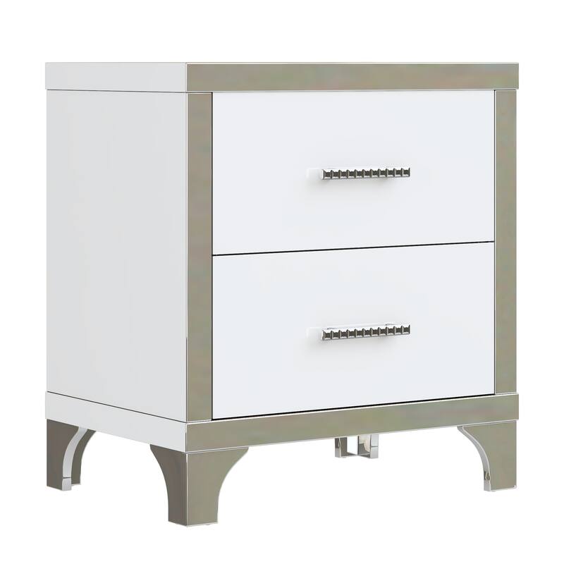 Elegant High-Gloss Mirrored 2-Drawer Nightstand - Metal Handle Bedside Table for Bedroom/Living Room (White) - White