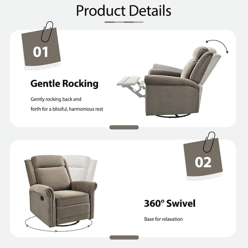 Home Theater Swivel Recliner Chair, Manual Rocking Nursery Rocker w/Adjustable Backrest Rolled Arms Lounge Chair with Rivet Trim