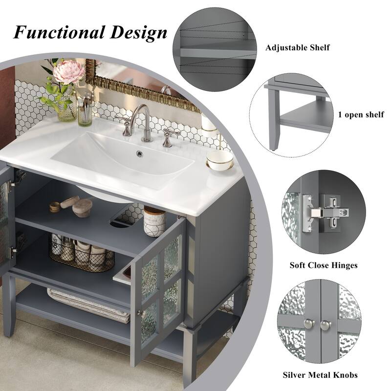 36" Bathroom Vanity with Ceramic Sink, Bathroom Vanity with Adjustable Shelf and Open Shelf, with Solid Wood Legs