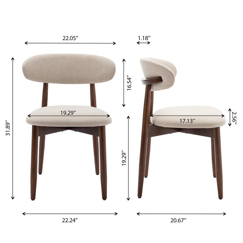 Set of 2 Wooden Dining Chairs, Fabric Upholstered, Beige