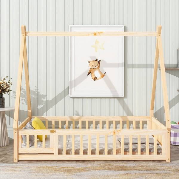 slide 2 of 9, Grey Tent-shaped Full Size Floor Bed, Kids Bed with Guardrails, Slats and Door