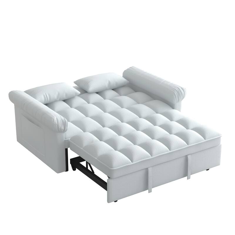 Flannel Sleeper Sofa Bed Loveseat Recliners Couch with Pull-Out Trundle, Adjustable Backrest, Round Arms and Side Pockets