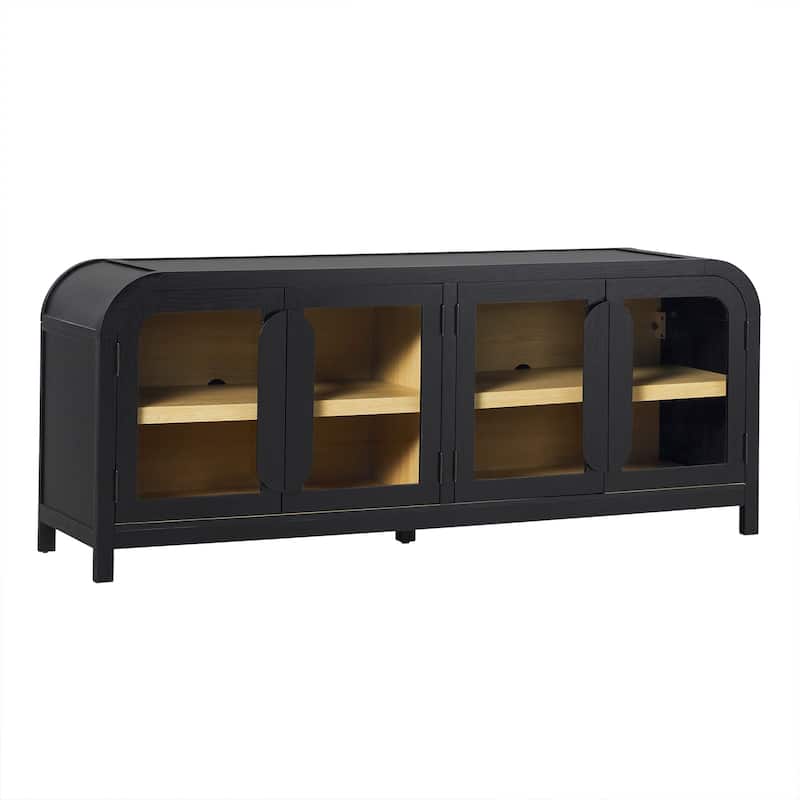 Walker Edison Modern Curved Easy Assembly TV Stand with Glass Paneled Doors - 64" W x 18" D x 28" H - Black