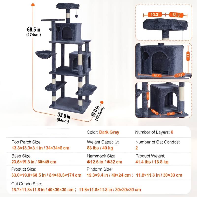 Dark Grey Plush 8-Layer Cat Tree with Condos, Hammock & Toys