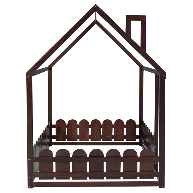 Kids Playhouse Bed Frame without Slats, Wooden Floor House Bed with Fence