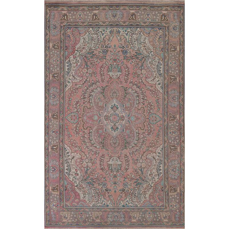 Hand Knotted Oriental 100% Wool Carpet Traditional Floral Pink Tabriz Area Rug - 9' 10'' X 6' 7''
