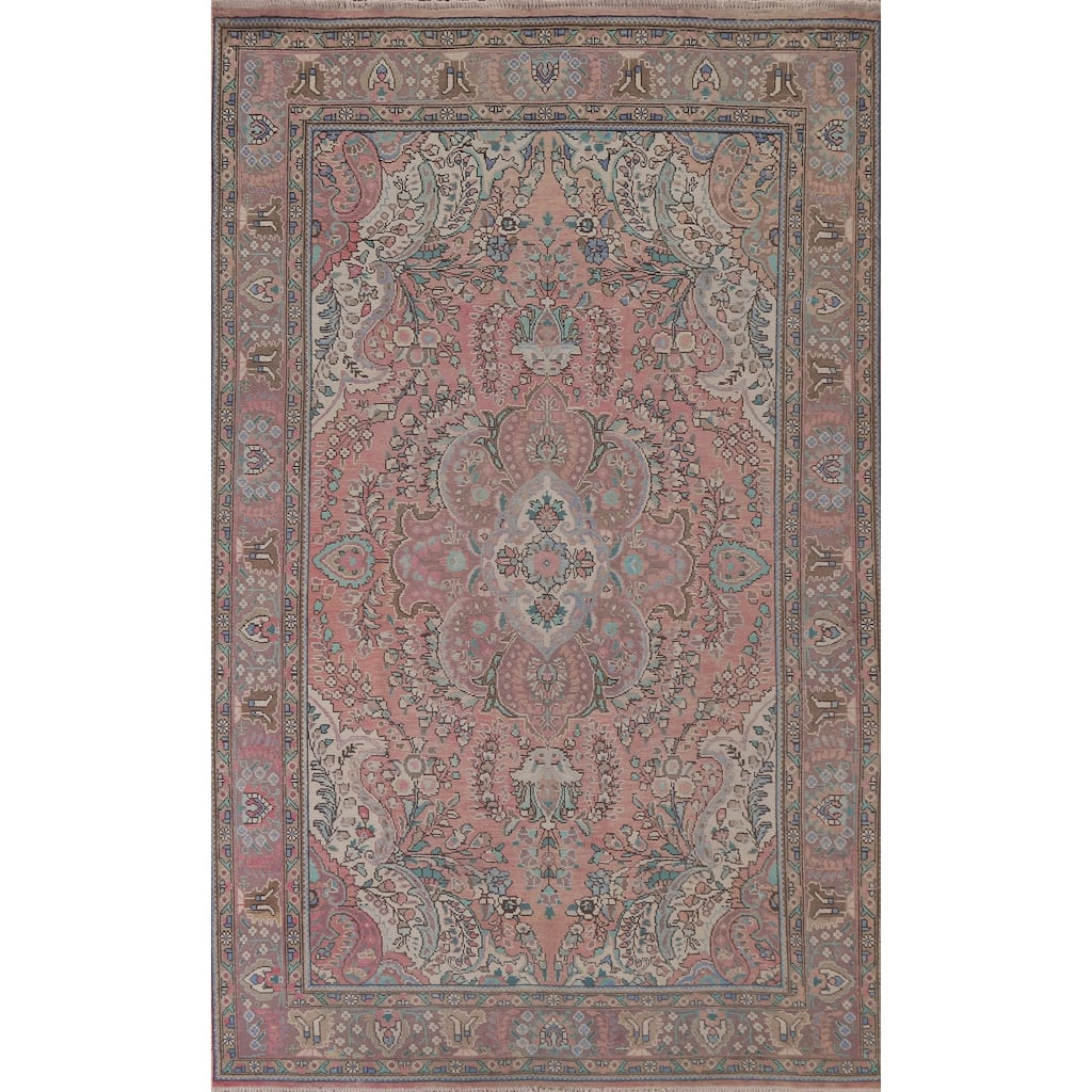 Hand Knotted Oriental 100% Wool Carpet Traditional Floral Pink Tabriz Area Rug - 9' 10'' X 6' 7''