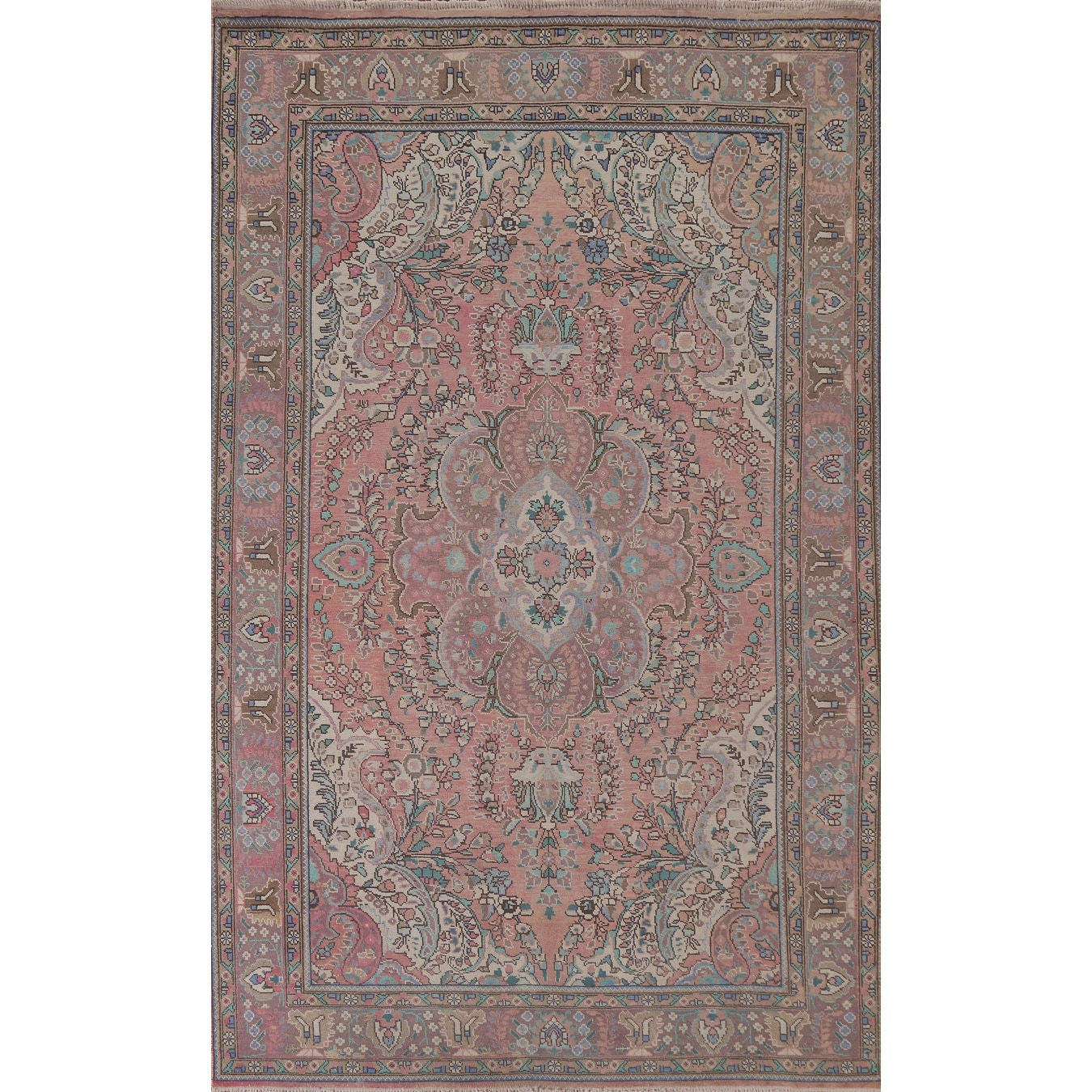Hand Knotted Oriental 100% Wool Carpet Traditional Floral Pink Tabriz Area Rug - 9' 10'' X 6' 7''
