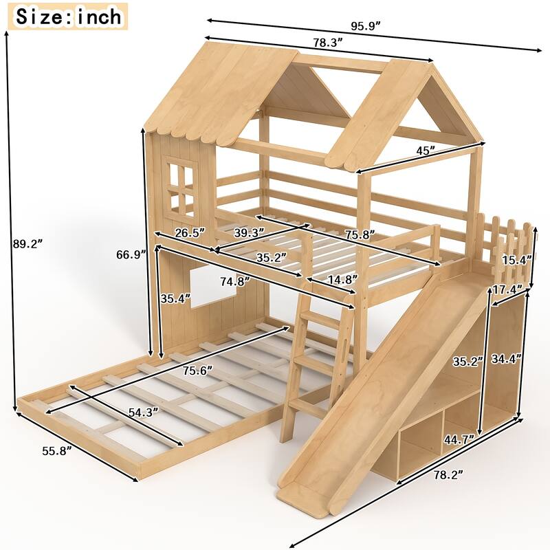 Twin over Full House Bunk Bed with Ladders and Slides, House Floor Bunk Bed with Storage Shelves and Wardrobe