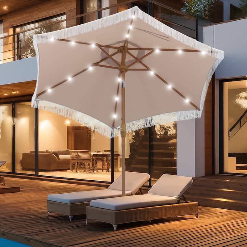 Autlaycil 7.5 ft Outdoor Patio Umbrella with 18 LED Lights Solar & Tassel. - Khaki