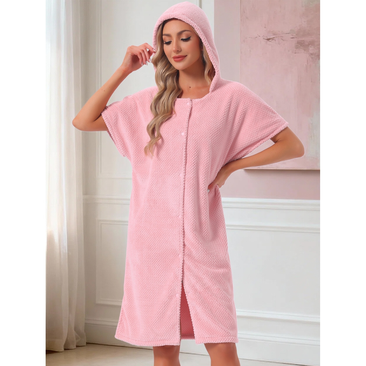 Women's Short Robes Towel Wearable Button Down Snaps Spa Beach Shower Body Terry Hooded Bathrobe