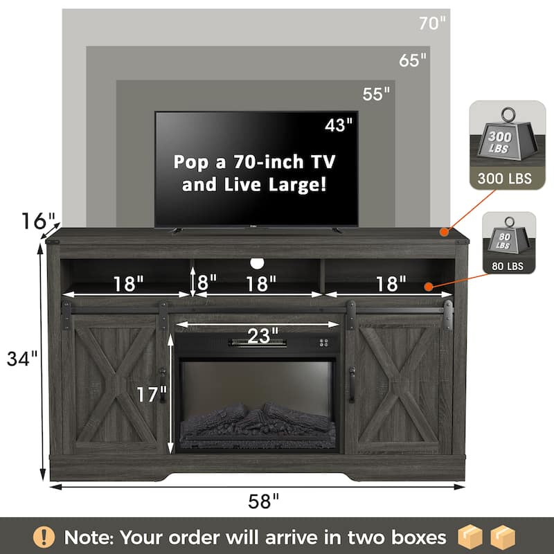 Farmhouse Media Console TV Stand with Fireplace for TVs Up To 70"