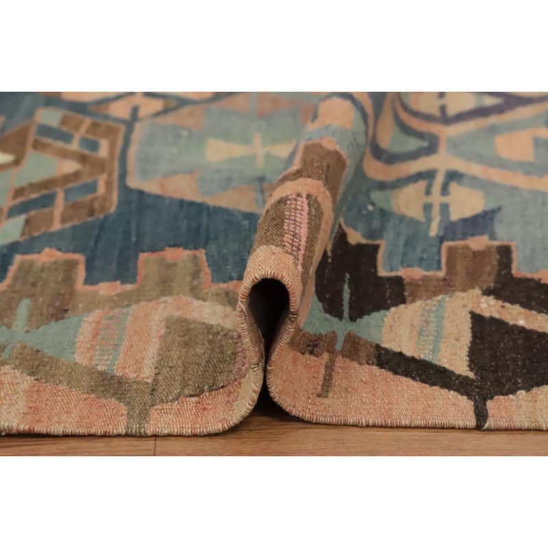 Hand Woven Oriental 100% Wool Carpet Southwestern Tribal Navy Blue & Blues Kilim Area Rug - 9' 9'' X 5' 1''