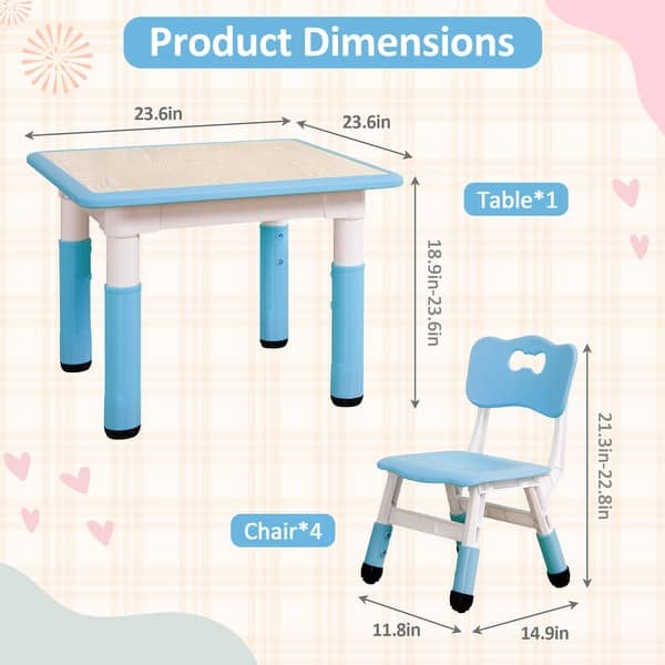dimension image slide 1 of 7, Kids Table and Chairs Set Height Adjustable Desk with 4 Seats