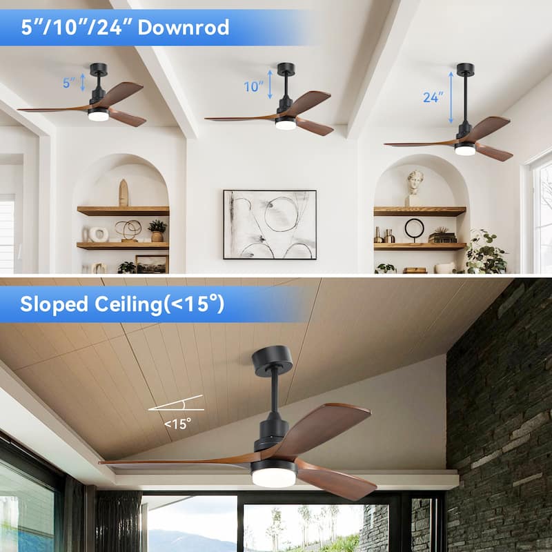 52" Solid Wood Noiseless 3-Blade Ceiling Fans with Dimmable LED Light Optional and Remote, 6-Speed Reversible DC Motor