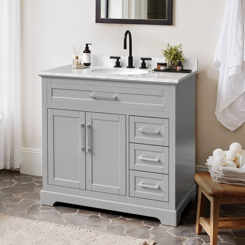 Bathroom Vanity with Marble Top and Sink - Grey - 36"W