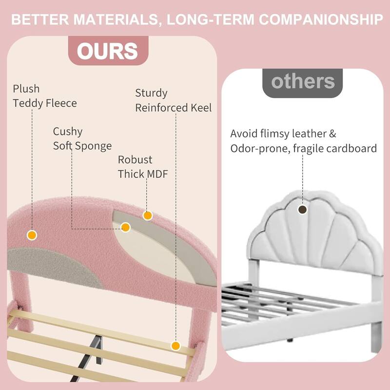Twin Bed Frame, with Wooden Slats and Round Boucle Headboard