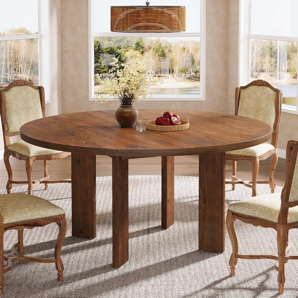 Farmhouse 47.24" Solid Wood Round Dining Table for 4-6 People, Dinner Table, Wooden Kitchen Furniture