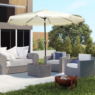 Outsunny 9ft Patio Umbrella with Push Button Tilt and Crank, Ruffled Outdoor Market Table Umbrella with Tassles and 8 Ribs