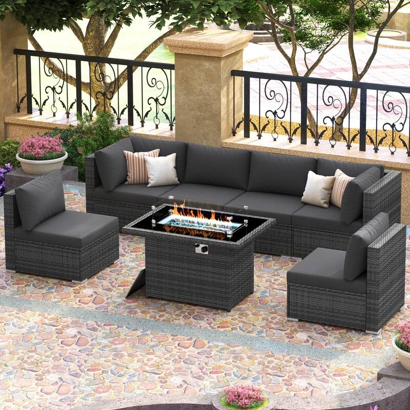 FINCATI Outdoor 7-piece High-back Wicker Patio Sectional Set with 43'' Fire Pit Table, 500 lbs Luxury Oversized Conversation Set - Dark Grey