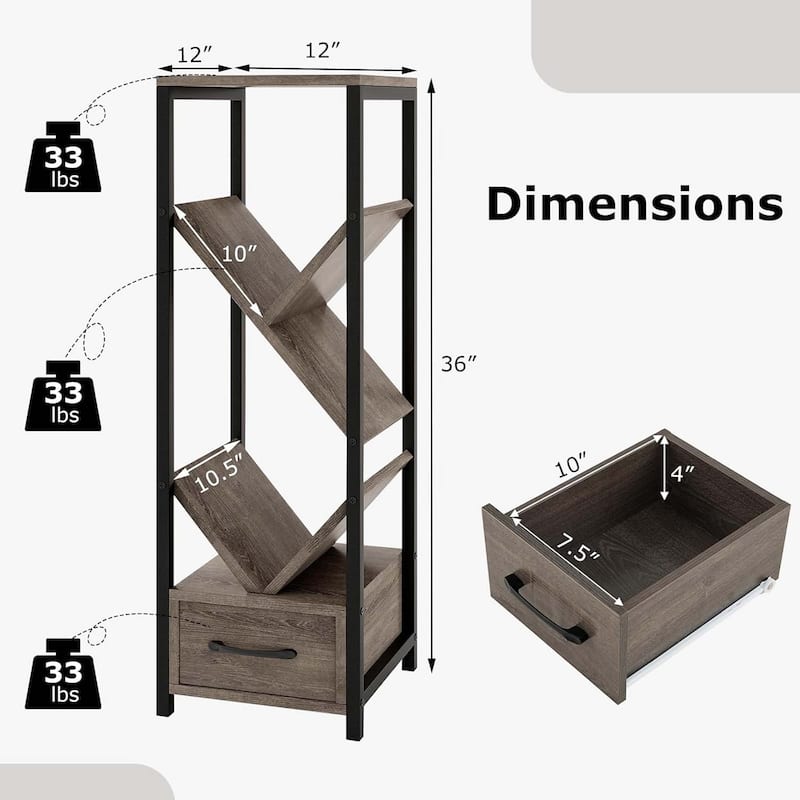 4-Tier Floor Standing Bookcase Wood Tree Bookshelf w/ Drawer