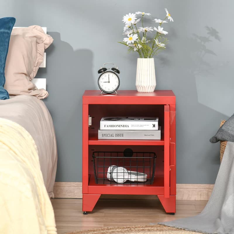 Industrial Red End Table with Locker-Style Door and Adjustable Shelf for Living Room