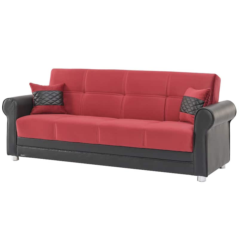 HomeRoots 89" Black And Burgundy Faux Leather And Velvet Convertible Futon Sleeper Sofa With Toss Pillows And Storage