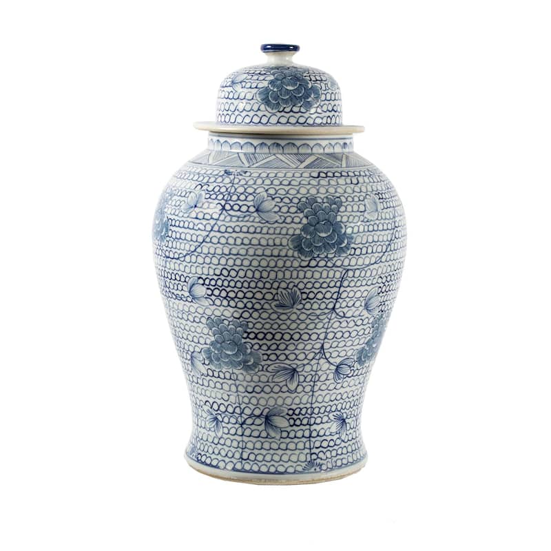 Handmade 16" Blue and White Decorative Porcelain Temple Jar - Blue