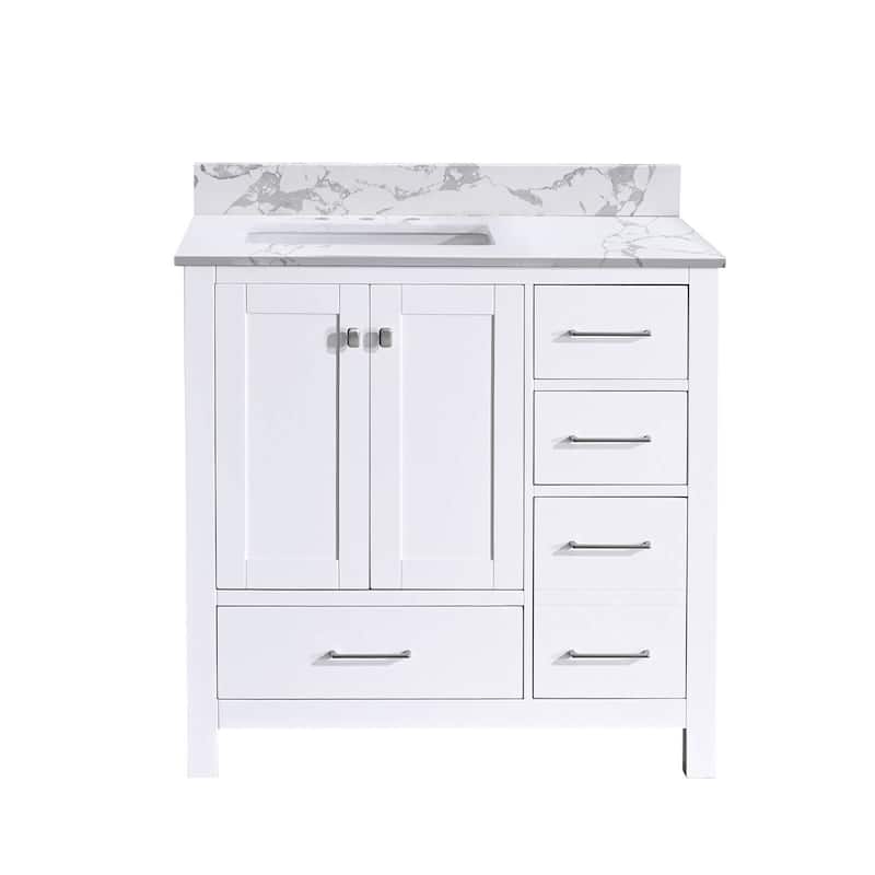 Prismatica 36 in. White Vanity with Countertop & Splash, Left Sink