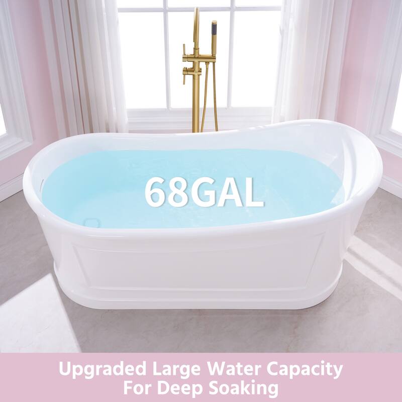 66'' W,68 GALLONS Freestanding Acrylic Soaking Bathtub With Drain And Overflow Holes