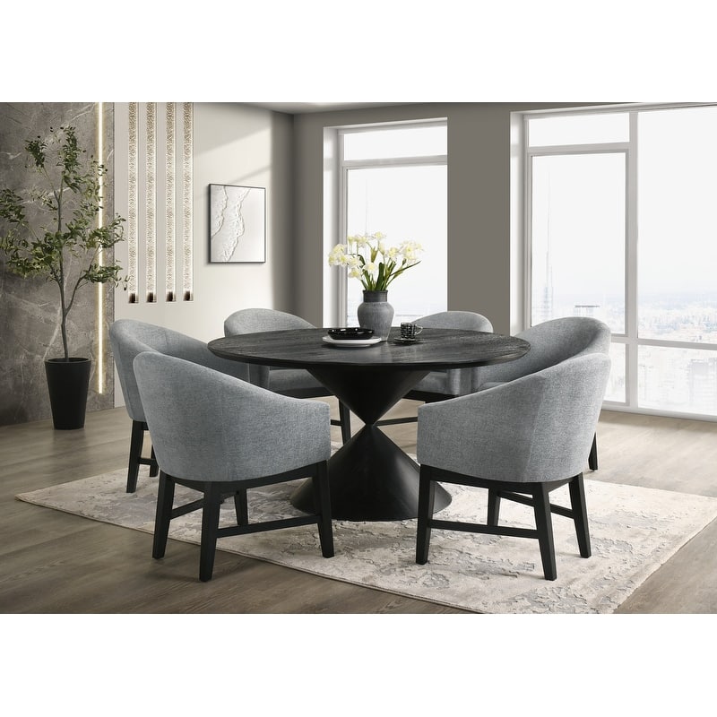 Haven 7Pc 59" Round Ebony Black Pedestal Dining Set with Hourglass Table Base and Gray Barrel Chairs