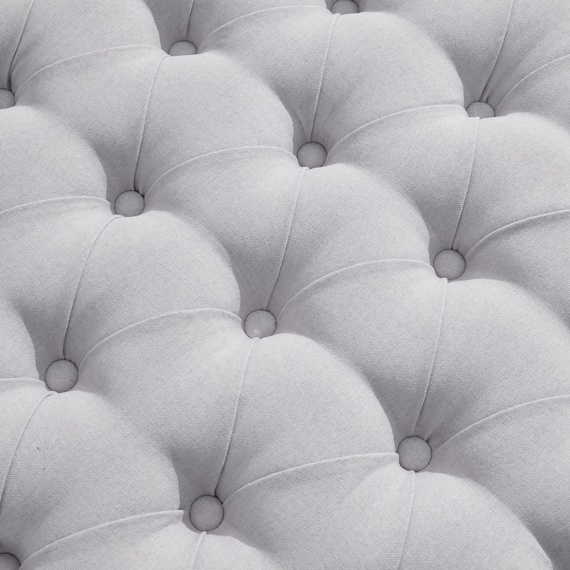 Linen & Rattan Round Storage Ottoman, Button-tufted Upholstery